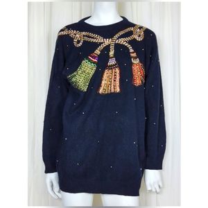 Vintage 80s holiday beaded tassel black wool pullover sweater M